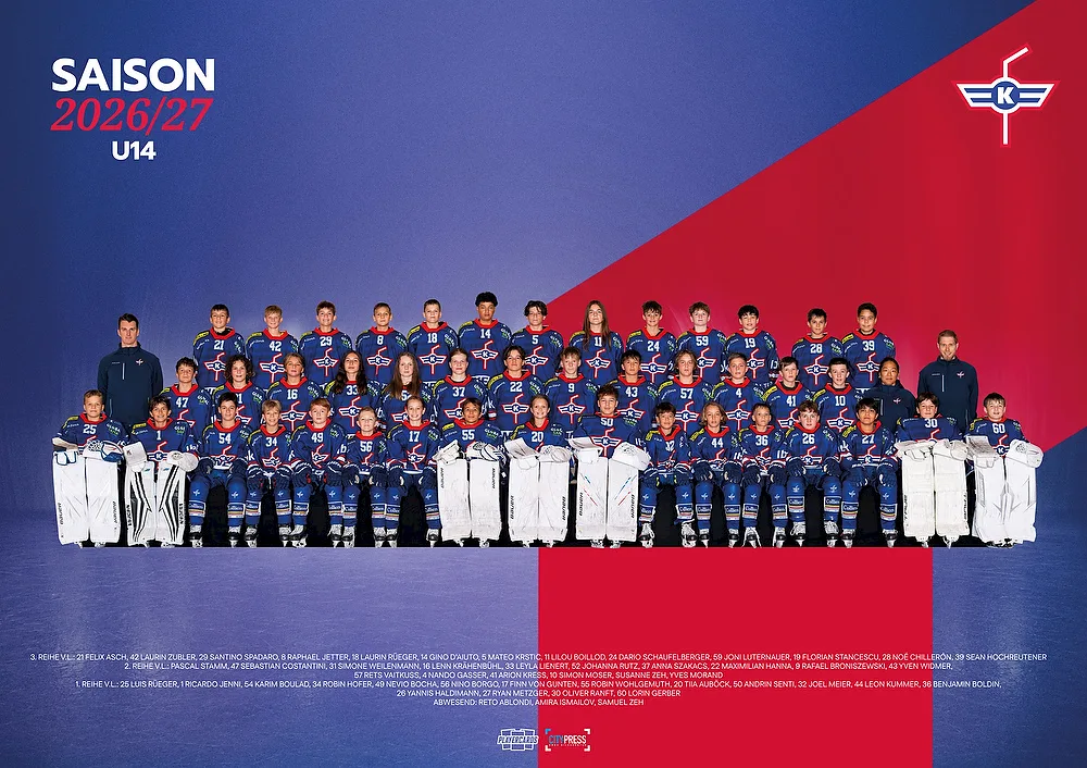Teamfoto der U14 des EHC Kloten für die Saison 2026/27 mit allen Spielern und Staff
