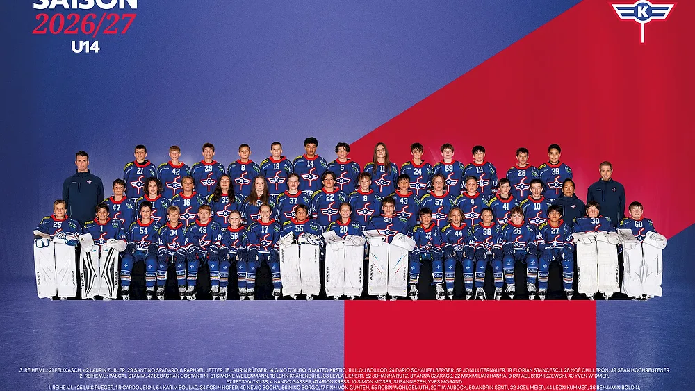 Teamfoto der U14 des EHC Kloten für die Saison 2026/27 mit allen Spielern und Staff