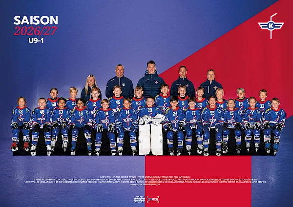 Teamfoto U9-1 des EHC Kloten, Saison 2026/27, mit Spielern und Trainerstaff auf dem Eis