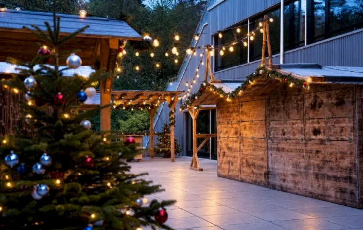 Gem&uuml;tlich eingerichtetes Bistro im Fondue-St&uuml;bli-Stil mit Holztischen, St&uuml;hlen und Tresen